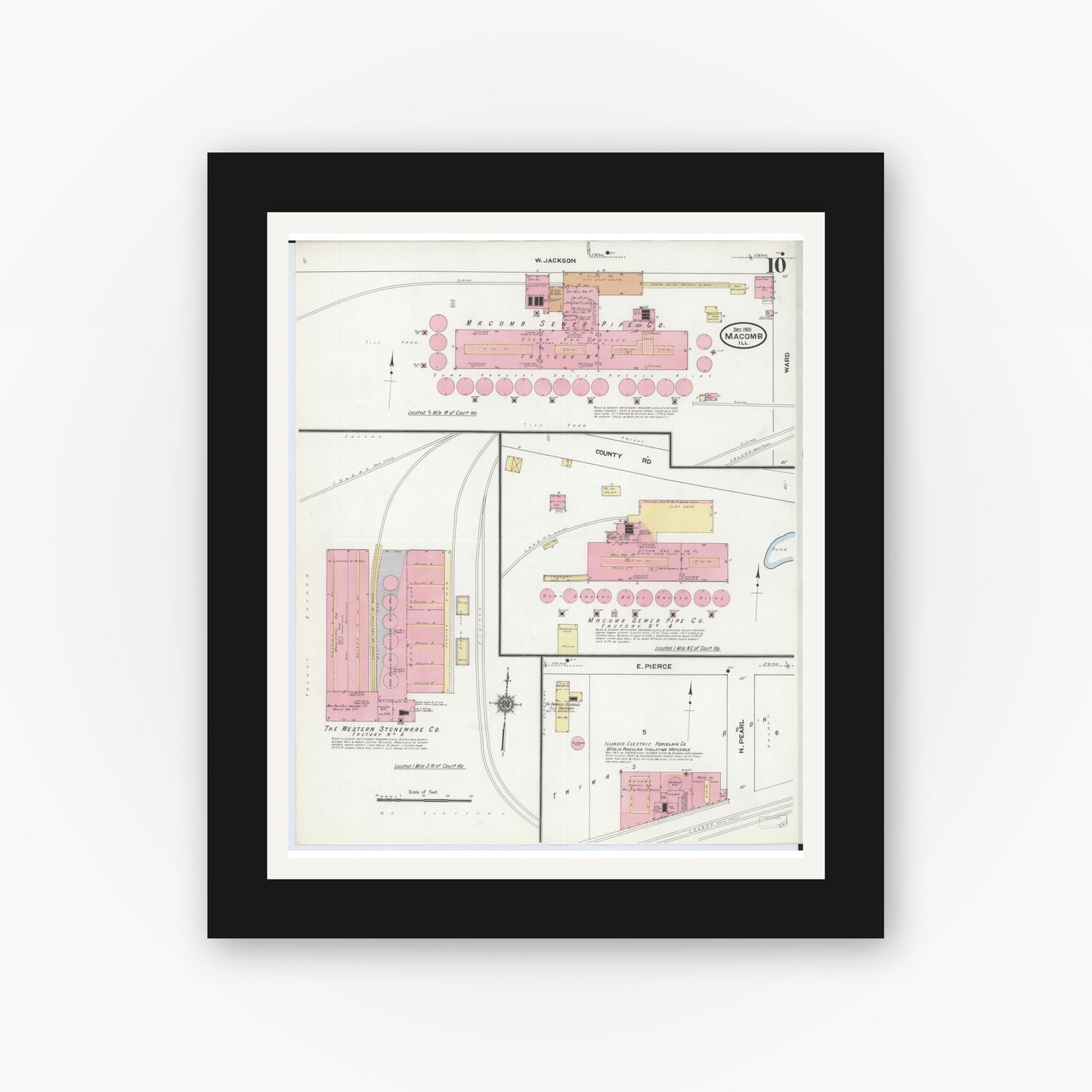 Old map wall art mockup — black gallery frame with white mat — Sanborn Fire Insurance Map from Macomb, Mcdonough County, Illinois (1910), Sheet #0010