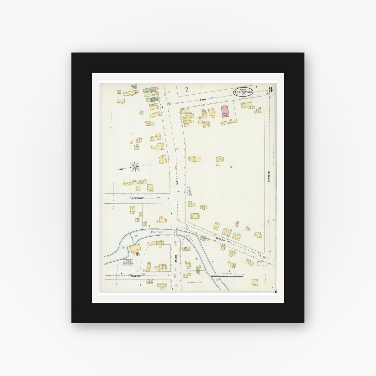 Old map wall art mockup — black gallery frame with white mat — Sanborn Fire Insurance Map from Forestville, Chautauqua County, New York (1898), Sheet #0003