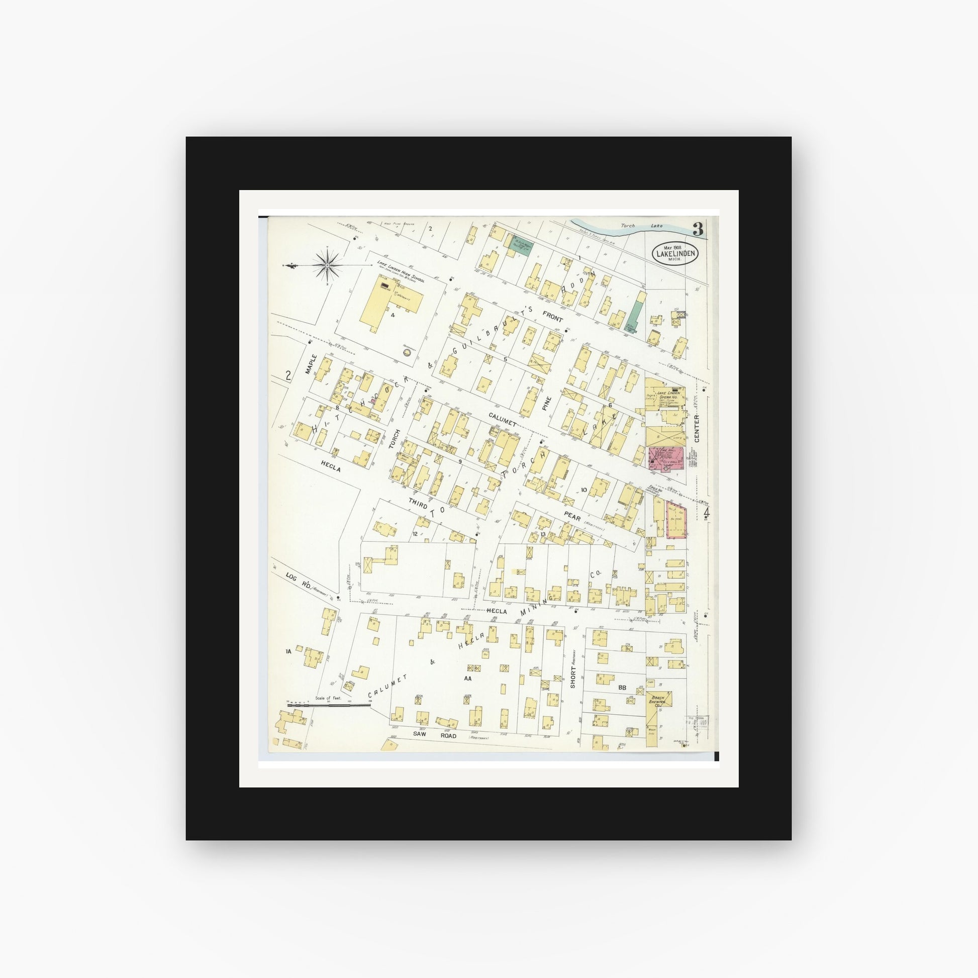 Old map wall art mockup — black gallery frame with white mat — Sanborn Fire Insurance Map from Lake Linden, Houghton County, Michigan (1908), Sheet #0003