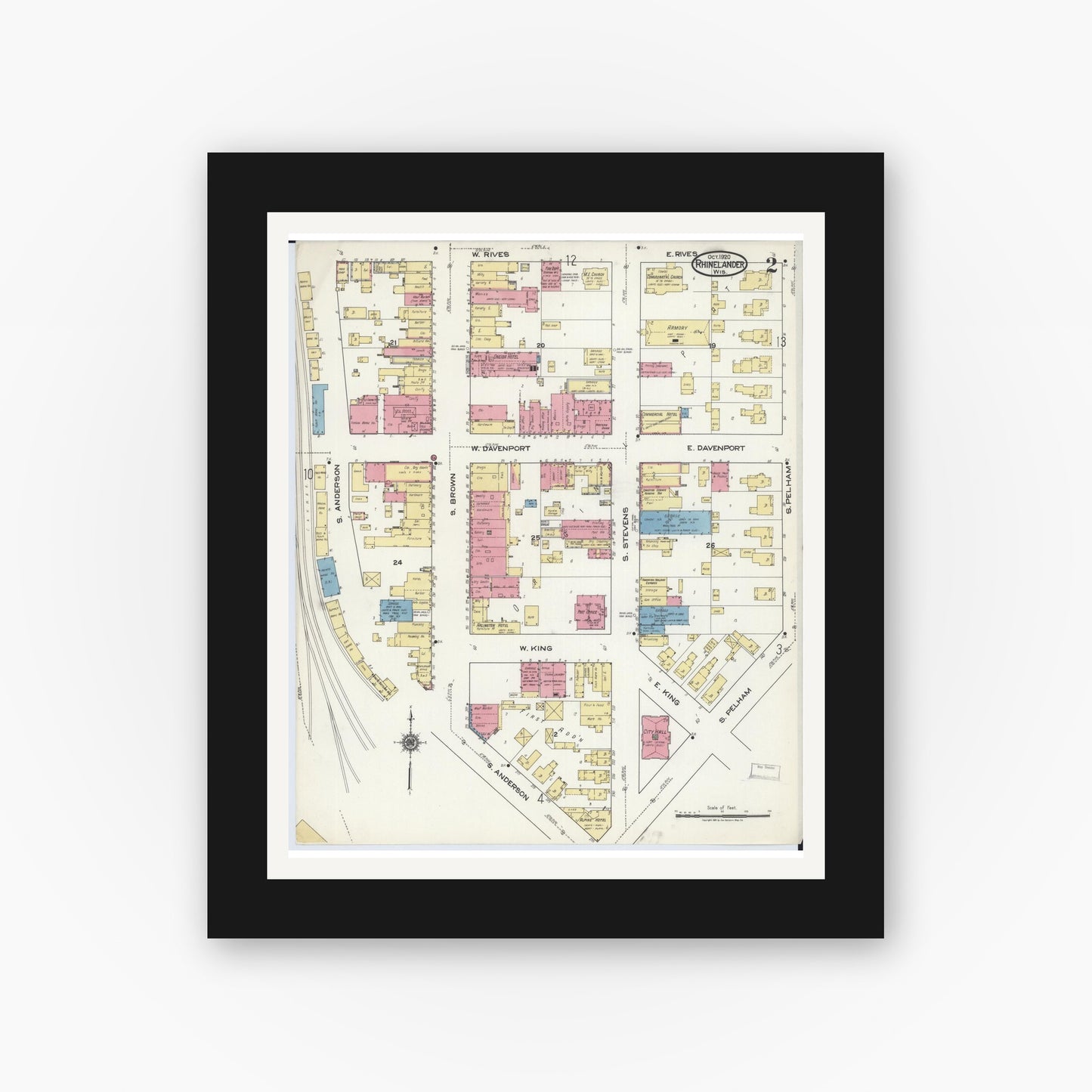 Old map wall art mockup — black gallery frame with white mat — Sanborn Fire Insurance Map from Rhinelander, Oneida County, Wisconsin (1920), Sheet #0002