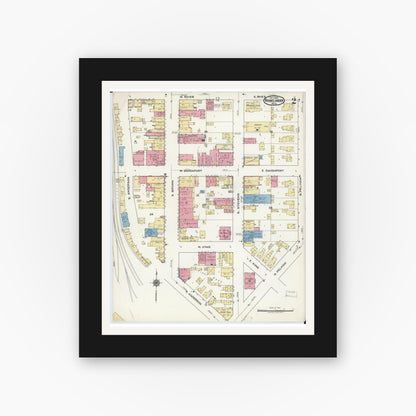 Old map wall art mockup — black gallery frame with white mat — Sanborn Fire Insurance Map from Rhinelander, Oneida County, Wisconsin (1920), Sheet #0002