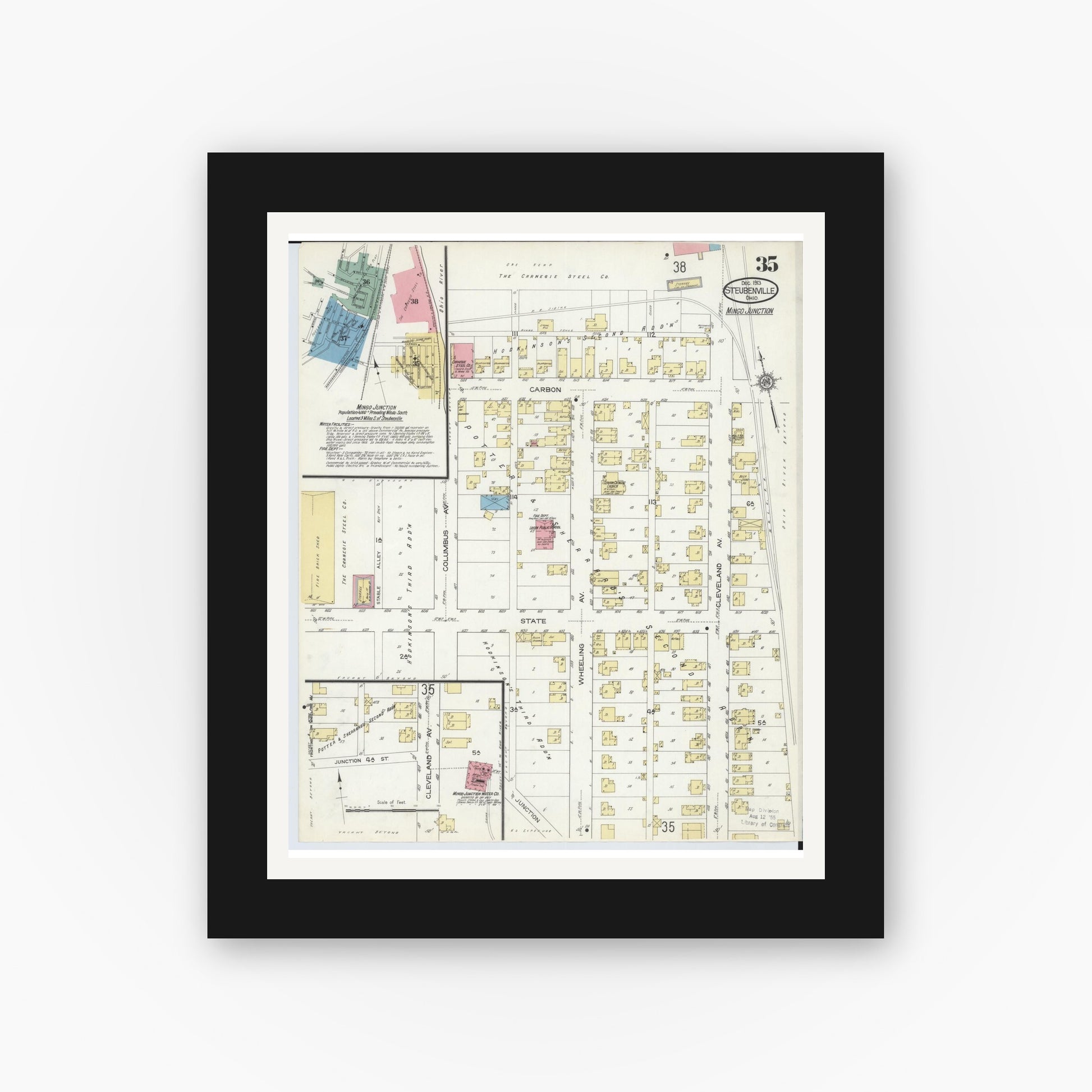 Old map wall art mockup — black gallery frame with white mat — Sanborn Fire Insurance Map from Steubenville, Jefferson County, Ohio (1913), Sheet #0035
