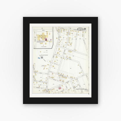 Old map wall art mockup — black gallery frame with white mat — Sanborn Fire Insurance Map from Attleboro, Bristol County, Massachusetts (1916), Sheet #0018