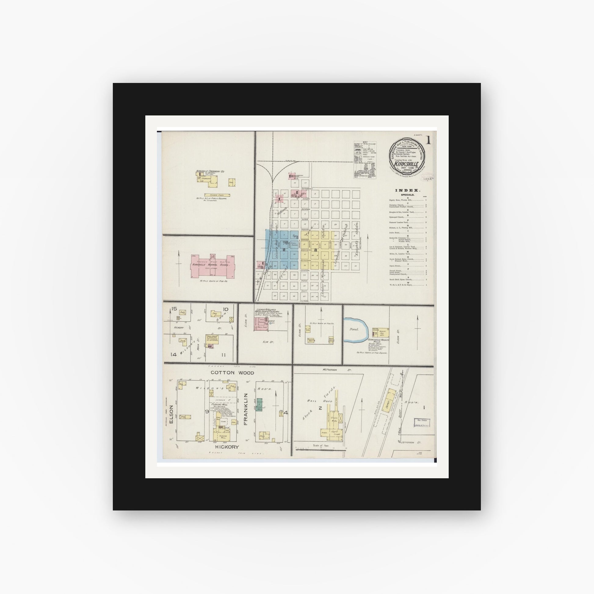 Old map wall art mockup — black gallery frame with white mat — Sanborn Fire Insurance Map from Kirksville, Adair County, Missouri (1886) - Complete Map Set