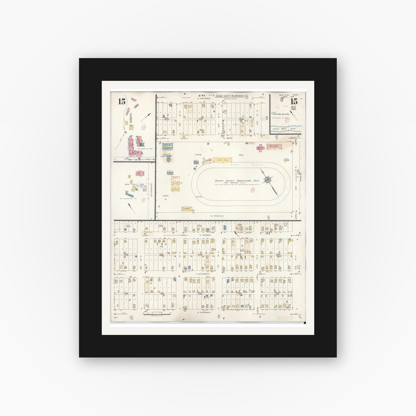 Old map wall art mockup — black gallery frame with white mat — Sanborn Fire Insurance Map from New Ulm, Brown County, Minnesota (1946), Sheet #0015