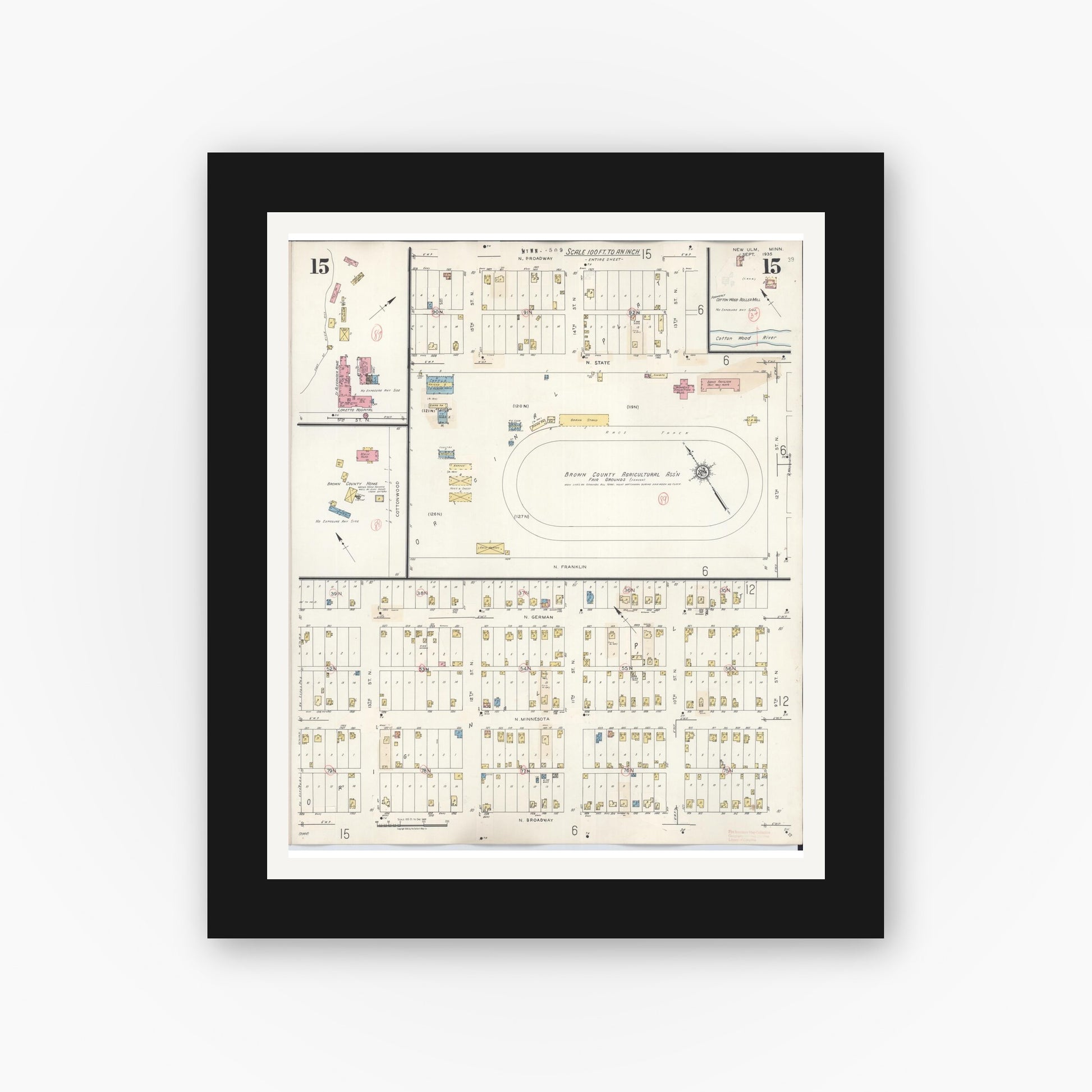 Old map wall art mockup — black gallery frame with white mat — Sanborn Fire Insurance Map from New Ulm, Brown County, Minnesota (1946), Sheet #0015