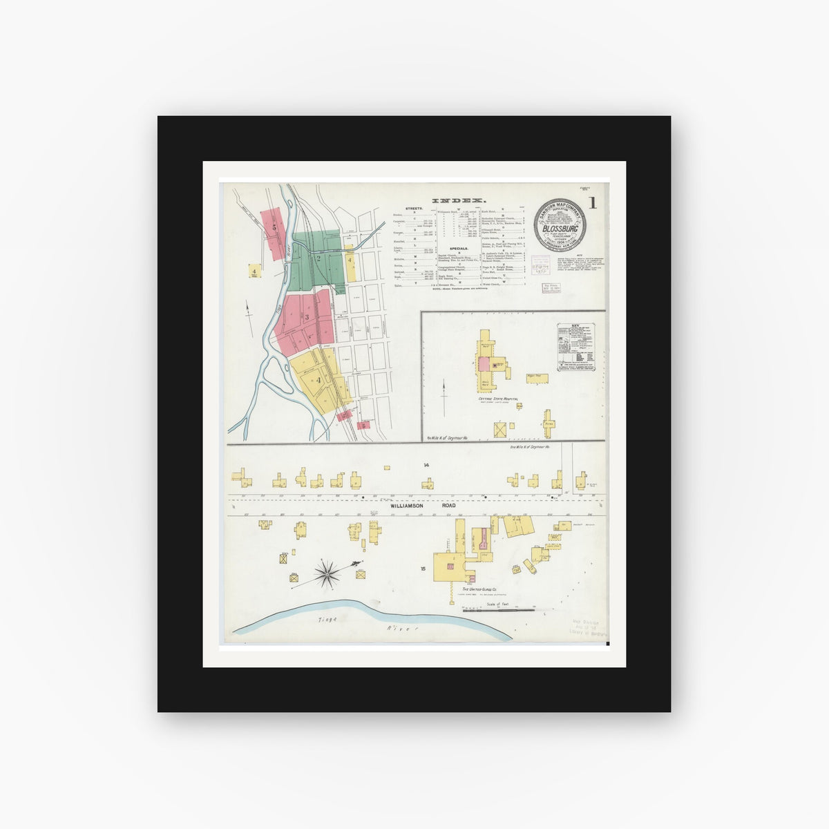 Old map wall art mockup — black gallery frame with white mat — Sanborn Fire Insurance Map from Blossburg, Tioga County, Pennsylvania (1904) - Complete Map Set