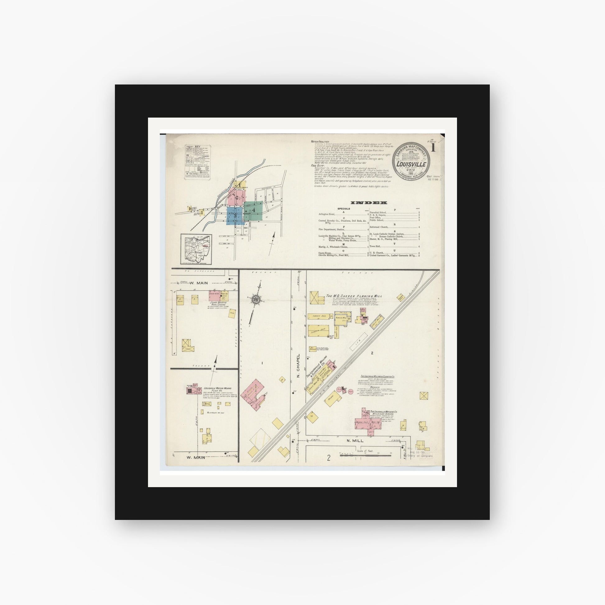 Old map wall art mockup — black gallery frame with white mat — Sanborn Fire Insurance Map from Louisville, Stark County, Ohio (1915), Sheet #0001