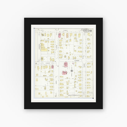 Old map wall art mockup — black gallery frame with white mat — Sanborn Fire Insurance Map from Charlotte, Eaton County, Michigan (1911), Sheet #0011