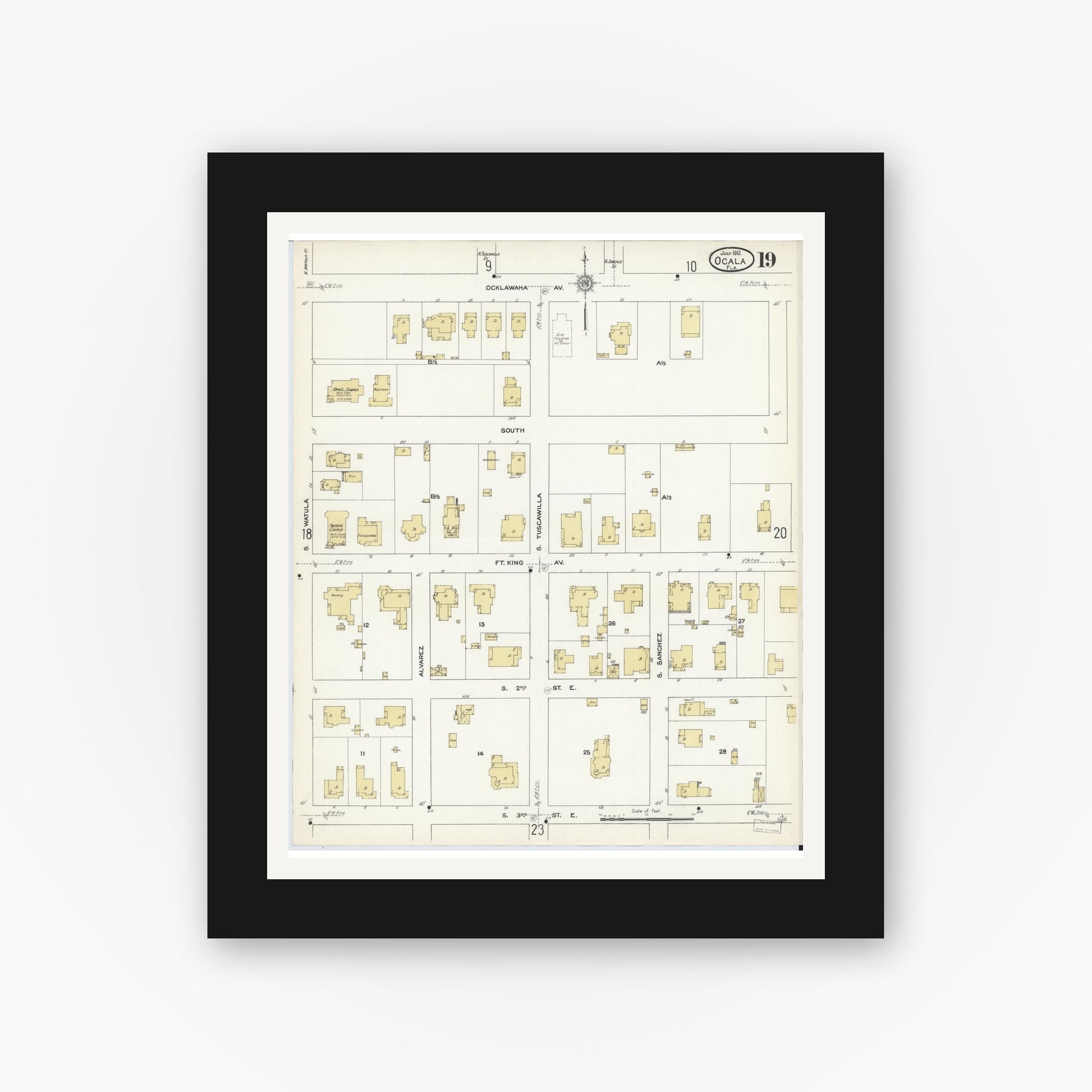 Old map wall art mockup — black gallery frame with white mat — Sanborn Fire Insurance Map from Ocala, Marion County, Florida (1912), Sheet #0019