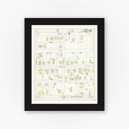 Old map wall art mockup — black gallery frame with white mat — Sanborn Fire Insurance Map from Ocala, Marion County, Florida (1912), Sheet #0019