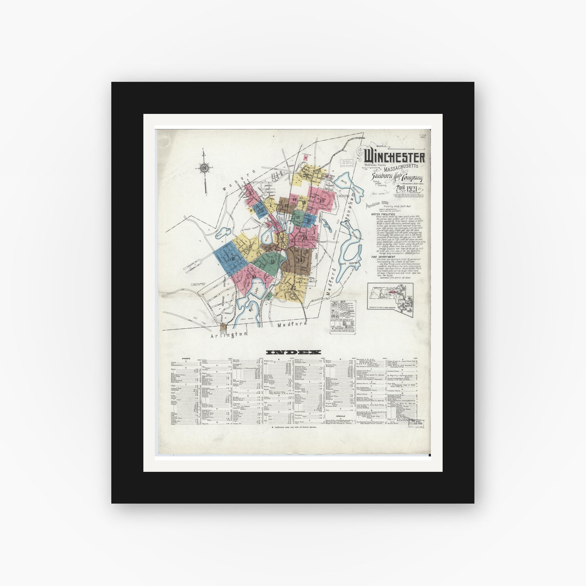 Old map wall art mockup — black gallery frame with white mat — Sanborn Fire Insurance Map from Winchester, Middlesex County, Massachusetts (1921), Sheet #0001