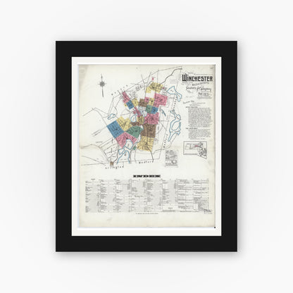 Old map wall art mockup — black gallery frame with white mat — Sanborn Fire Insurance Map from Winchester, Middlesex County, Massachusetts (1921), Sheet #0001