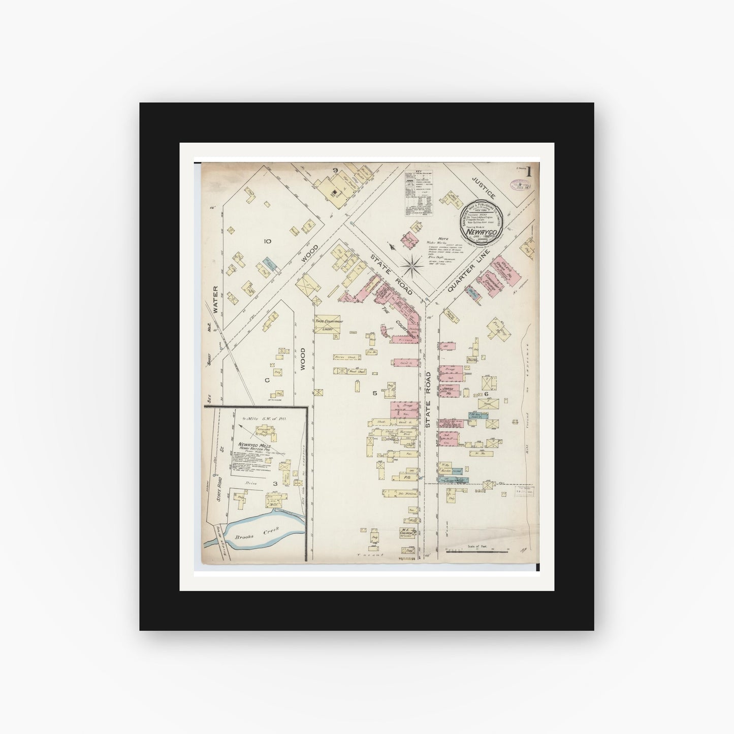 Old map wall art mockup — black gallery frame with white mat — Sanborn Fire Insurance Map from Newaygo, Newaygo County, Michigan (1886) - Complete Map Set