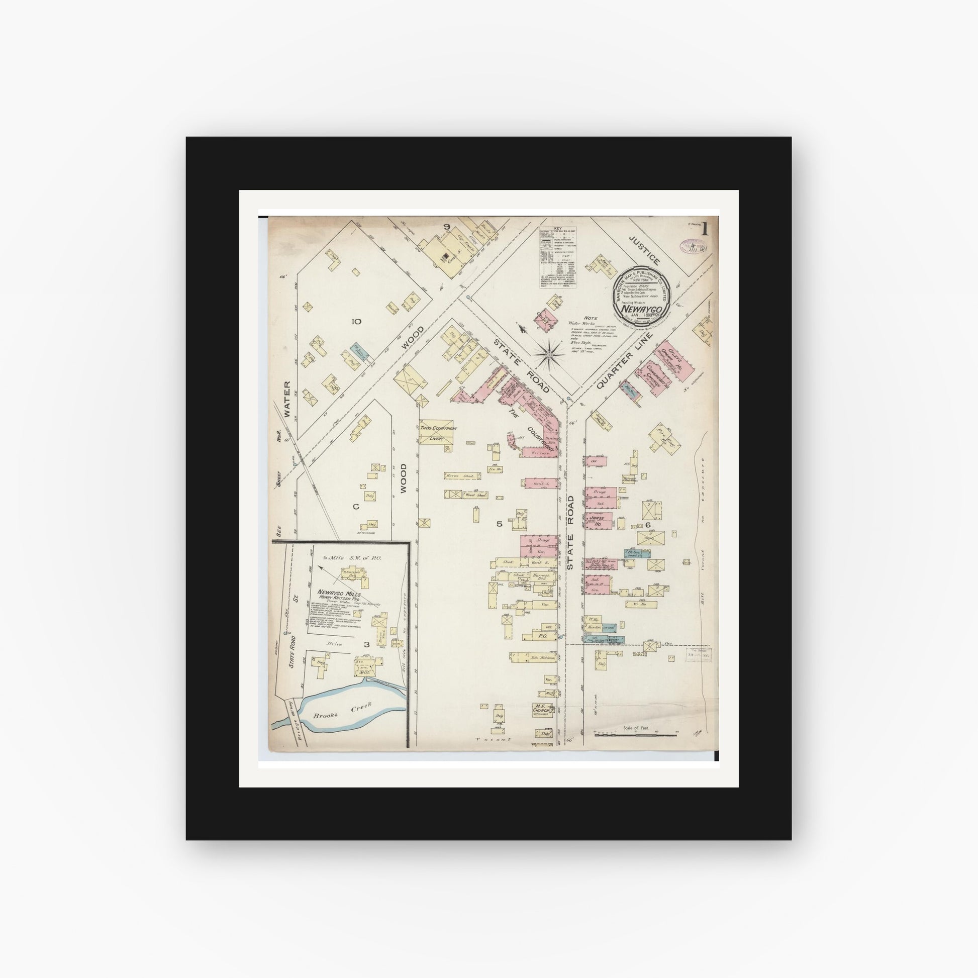 Old map wall art mockup — black gallery frame with white mat — Sanborn Fire Insurance Map from Newaygo, Newaygo County, Michigan (1886) - Complete Map Set