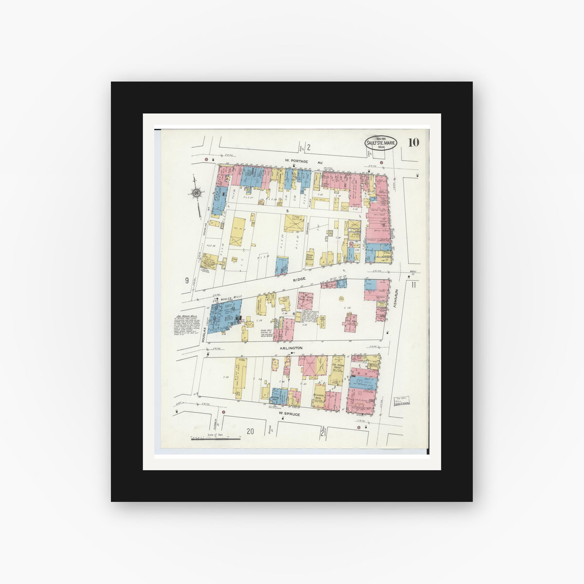 Old map wall art mockup — black gallery frame with white mat — Sanborn Fire Insurance Map from Sault Sainte Marie, Chippewa County, Michigan (1915), Sheet #0010