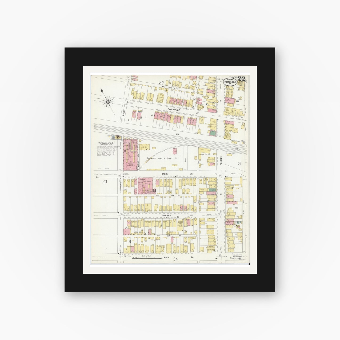 Old map wall art mockup — black gallery frame with white mat — Sanborn Fire Insurance Map from Braddock, Allegheny County, Pennsylvania (1908), Sheet #0022