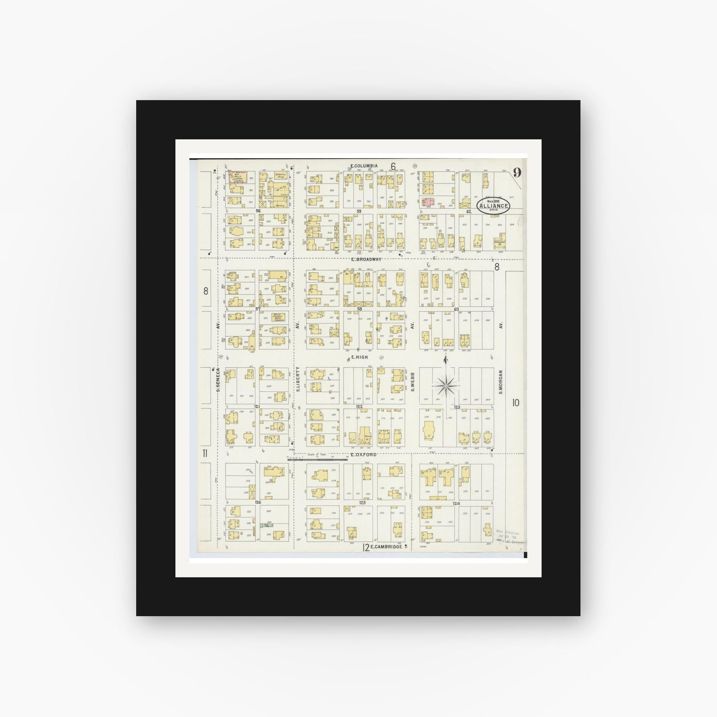 Old map wall art mockup — black gallery frame with white mat — Sanborn Fire Insurance Map from Alliance, Stark County, Ohio (1898), Sheet #0009