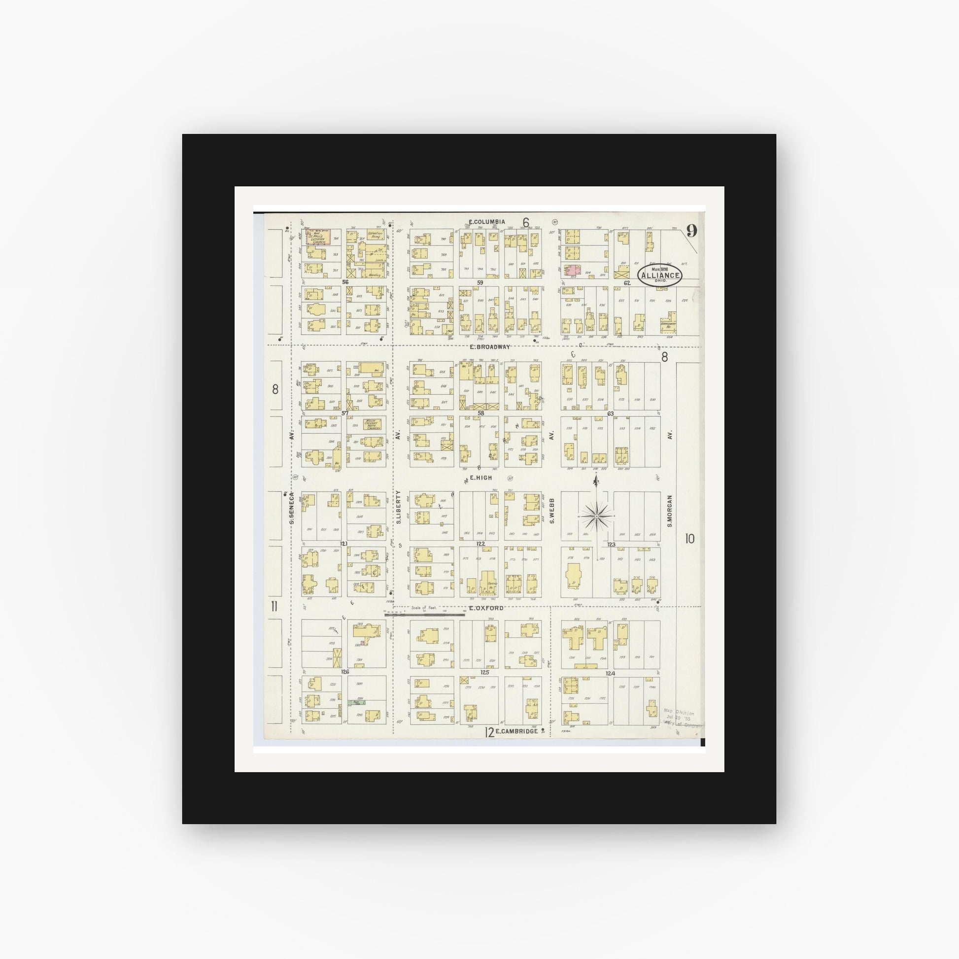 Old map wall art mockup — black gallery frame with white mat — Sanborn Fire Insurance Map from Alliance, Stark County, Ohio (1898), Sheet #0009