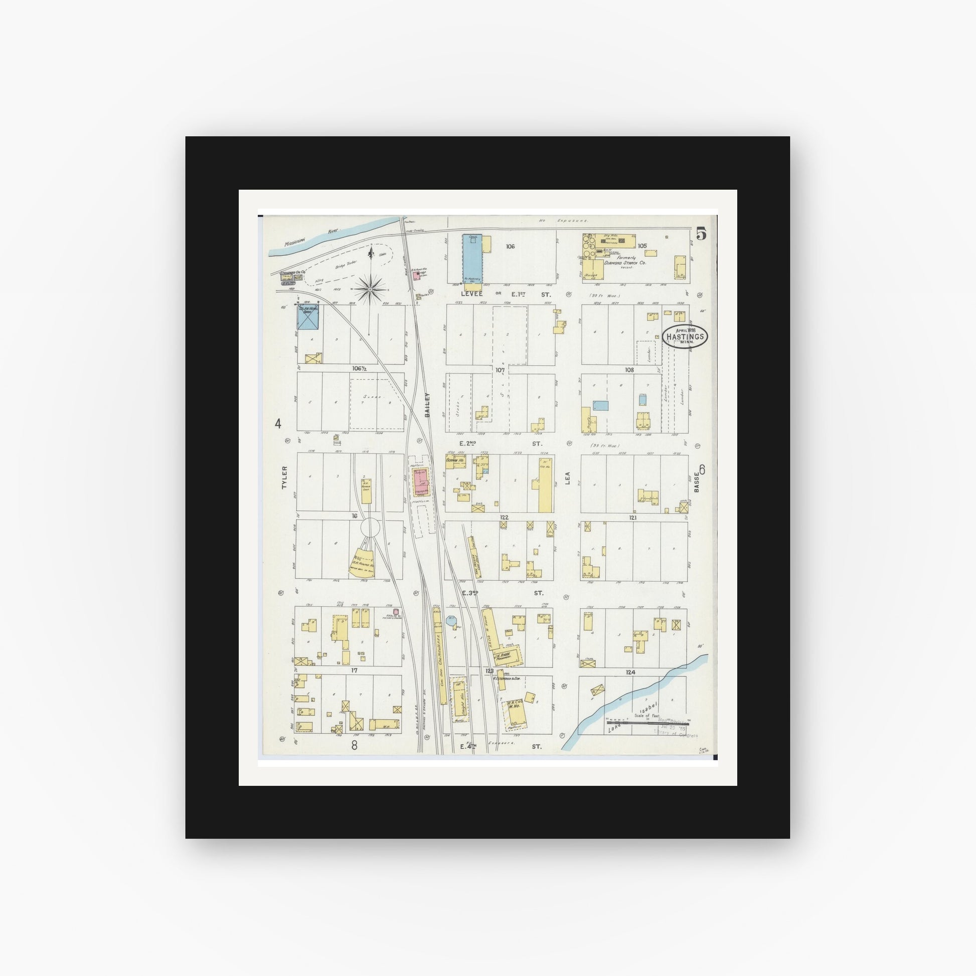 Old map wall art mockup — black gallery frame with white mat — Sanborn Fire Insurance Map from Hastings, Dakota County, Minnesota (1898), Sheet #0005