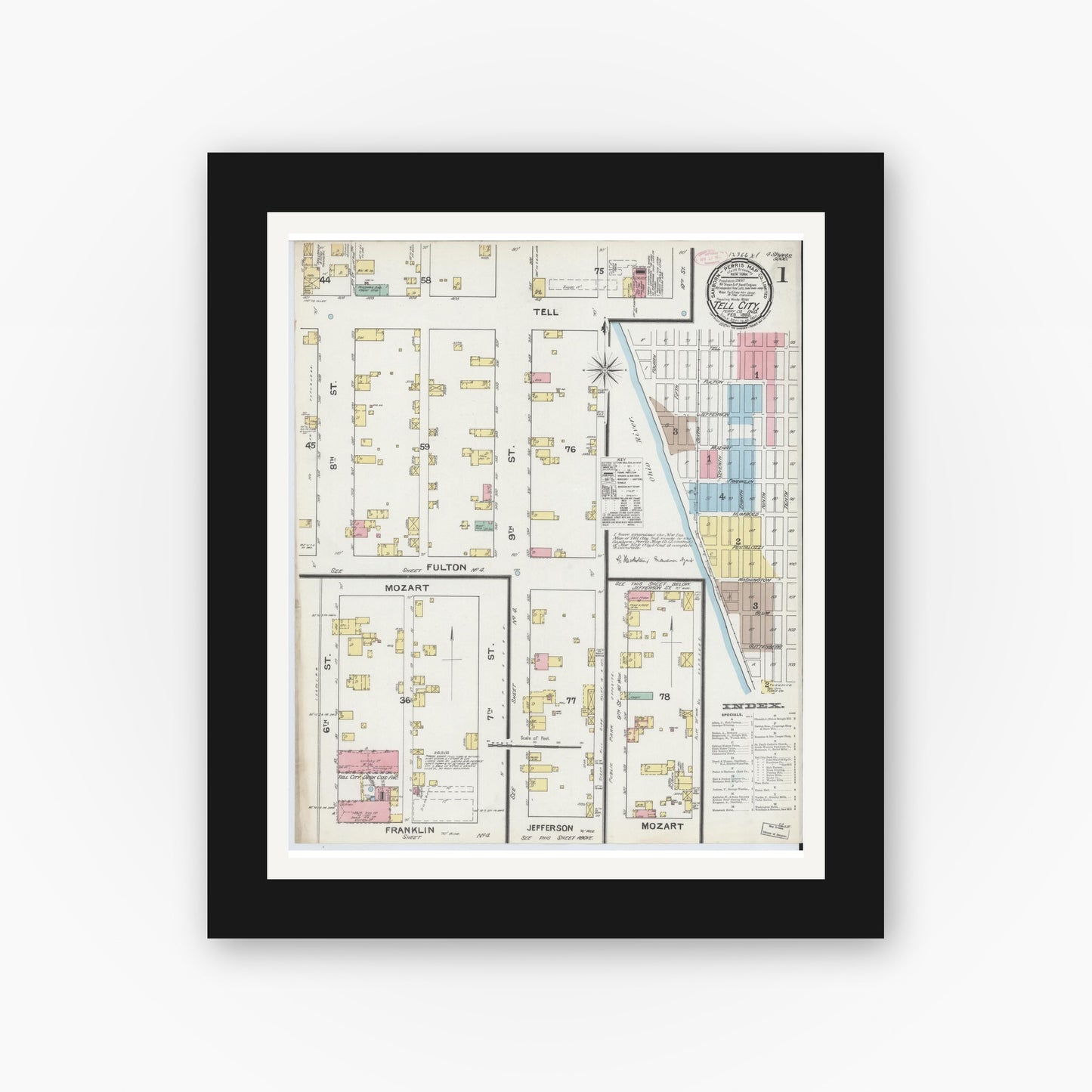 Old map wall art mockup — black gallery frame with white mat — Sanborn Fire Insurance Map from Tell City, Perry County, Indiana (1892) - Complete Map Set