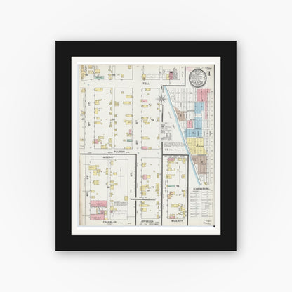 Old map wall art mockup — black gallery frame with white mat — Sanborn Fire Insurance Map from Tell City, Perry County, Indiana (1892) - Complete Map Set