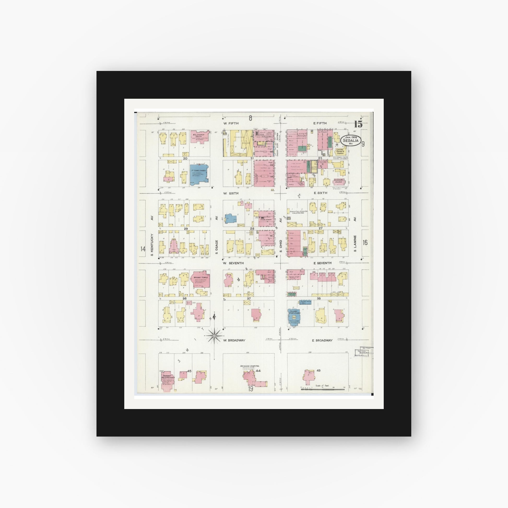 Old map wall art mockup — black gallery frame with white mat — Sanborn Fire Insurance Map from Sedalia, Pettis County, Missouri (1908), Sheet #0015