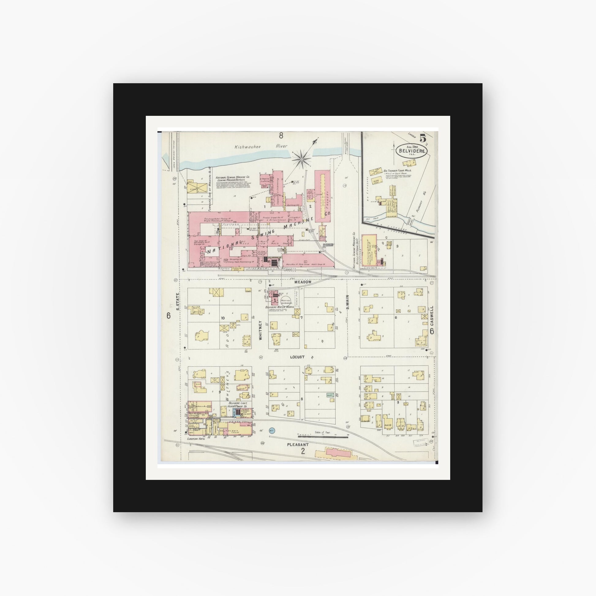 Old map wall art mockup — black gallery frame with white mat — Sanborn Fire Insurance Map from Belvidere, Boone County, Illinois (1897), Sheet #0005