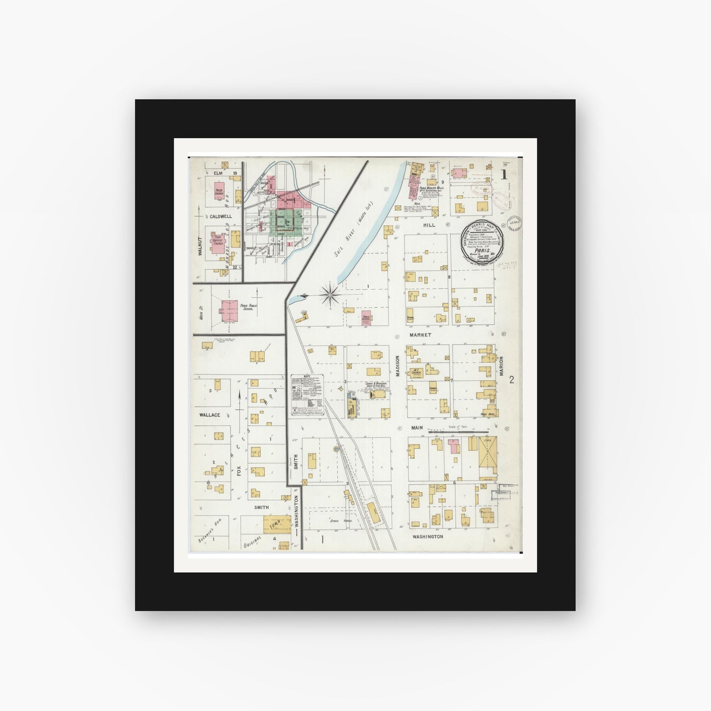 Old map wall art mockup — black gallery frame with white mat — Sanborn Fire Insurance Map from Paris, Monroe County, Missouri (1899) - Complete Map Set