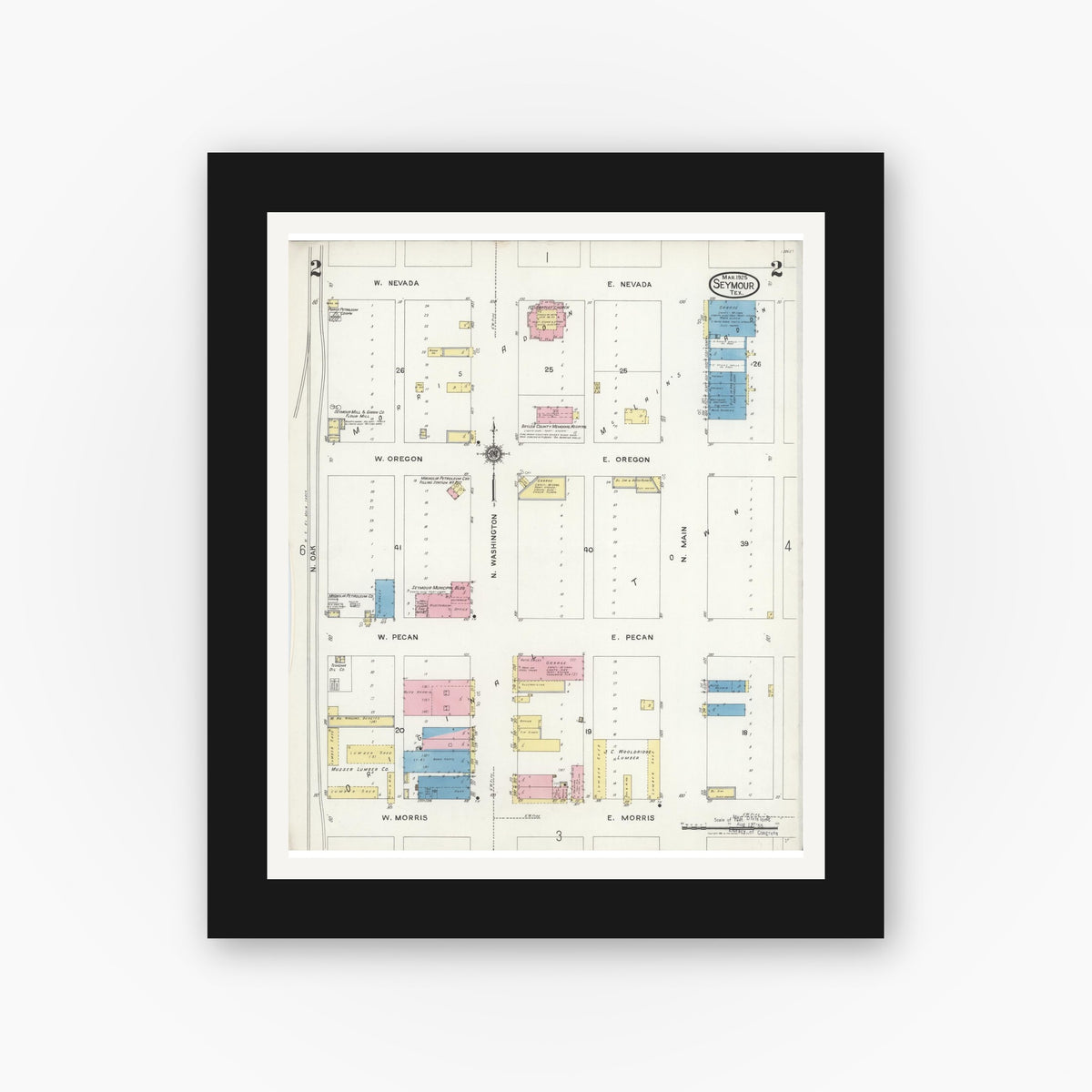 Old map wall art mockup — black gallery frame with white mat — Sanborn Fire Insurance Map from Seymour, Baylor County, Texas (1925), Sheet #0002