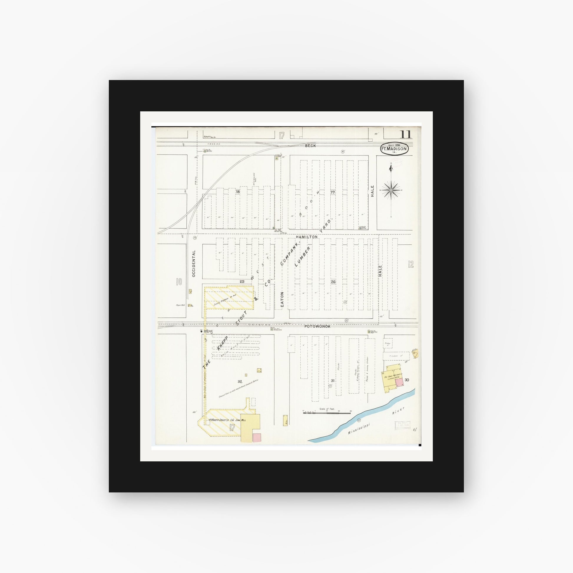 Old map wall art mockup — black gallery frame with white mat — Sanborn Fire Insurance Map from Fort Madison, Lee County, Iowa (1894), Sheet #0011