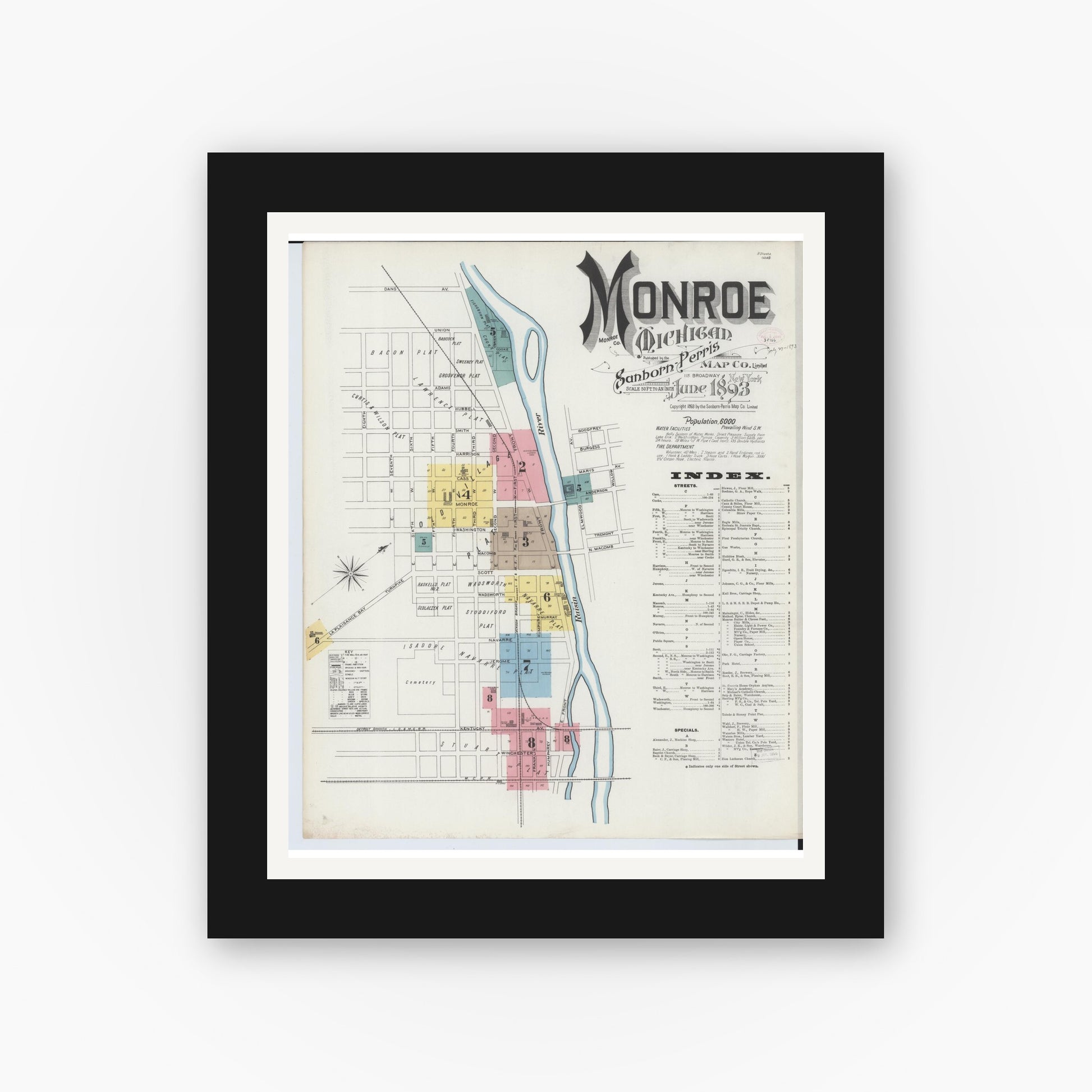 Old map wall art mockup — black gallery frame with white mat — Sanborn Fire Insurance Map from Monroe, Monroe County, Michigan (1893) - Complete Map Set