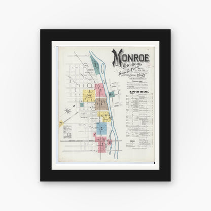 Old map wall art mockup — black gallery frame with white mat — Sanborn Fire Insurance Map from Monroe, Monroe County, Michigan (1893) - Complete Map Set