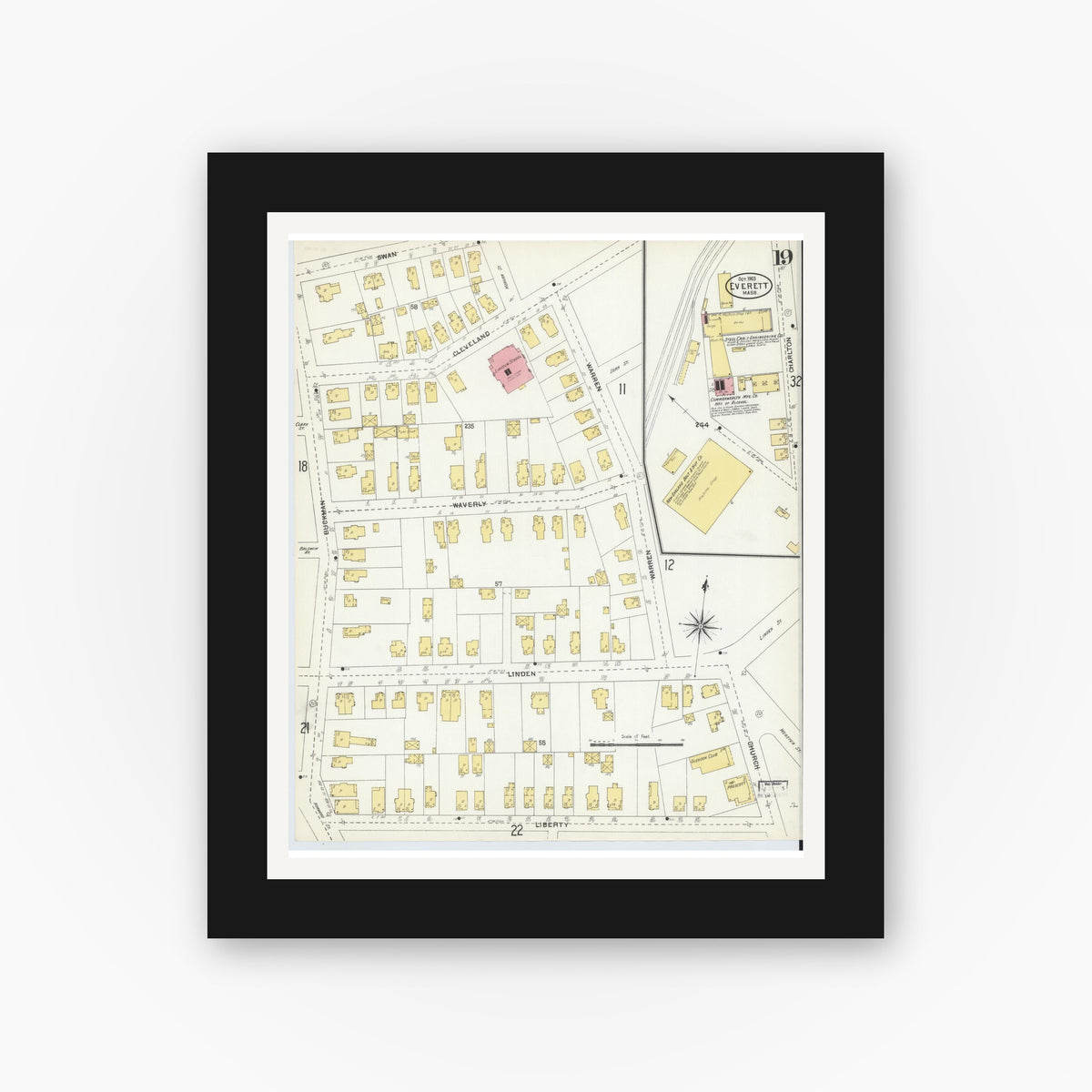 Old map wall art mockup — black gallery frame with white mat — Sanborn Fire Insurance Map from Everett, Middlesex County, Massachusetts (1903), Sheet #0019