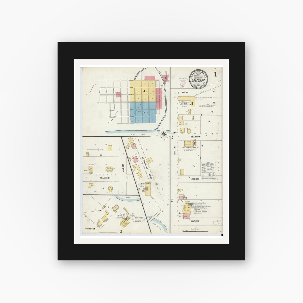 Old map wall art mockup — black gallery frame with white mat — Sanborn Fire Insurance Map from Golconda, Pope County, Illinois (1902) - Complete Map Set