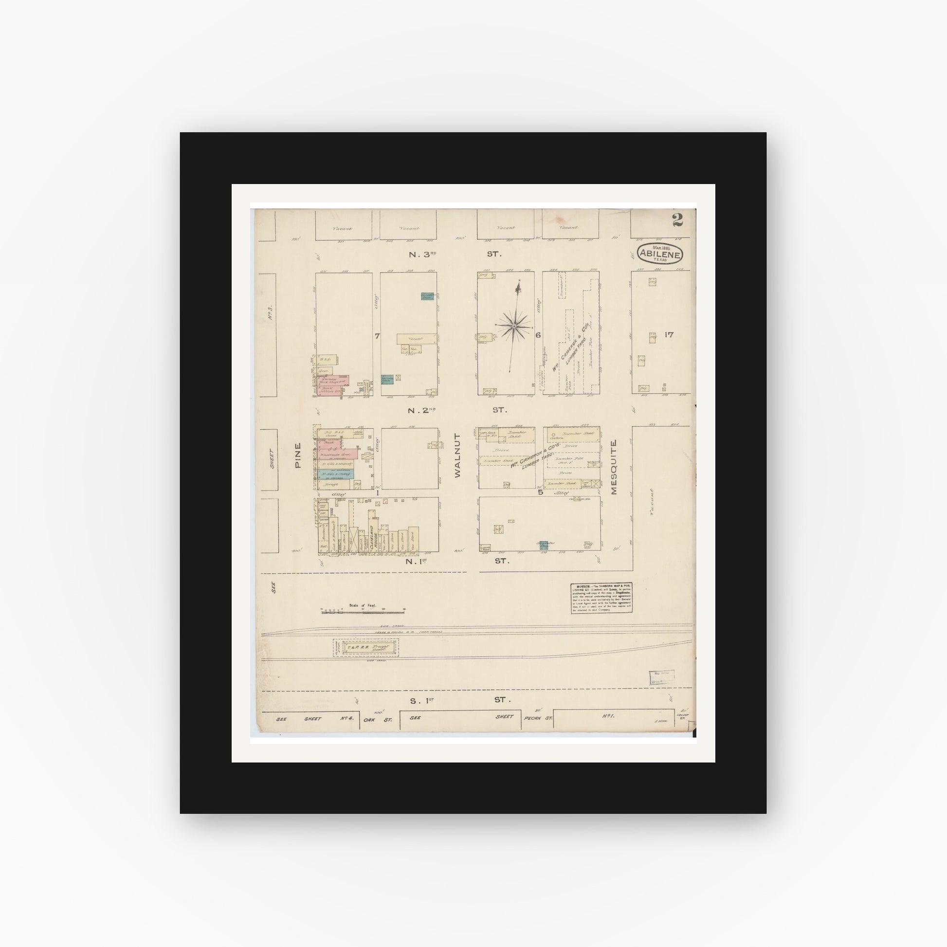 Old map wall art mockup — black gallery frame with white mat — Sanborn Fire Insurance Map from Abilene, Taylor County, Texas (1885), Sheet #0002