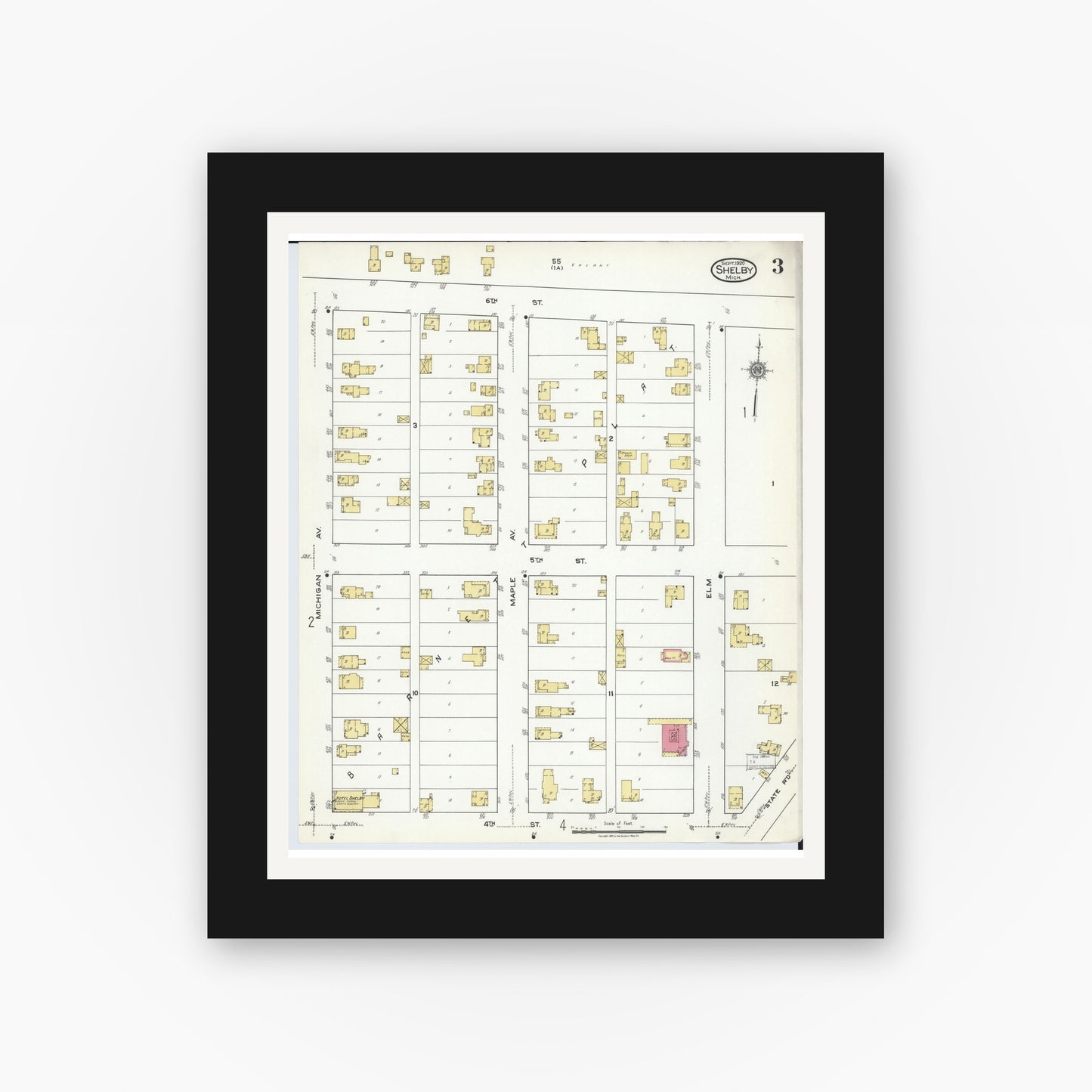 Old map wall art mockup — black gallery frame with white mat — Sanborn Fire Insurance Map from Shelby, Oceana County, Michigan (1920), Sheet #0003