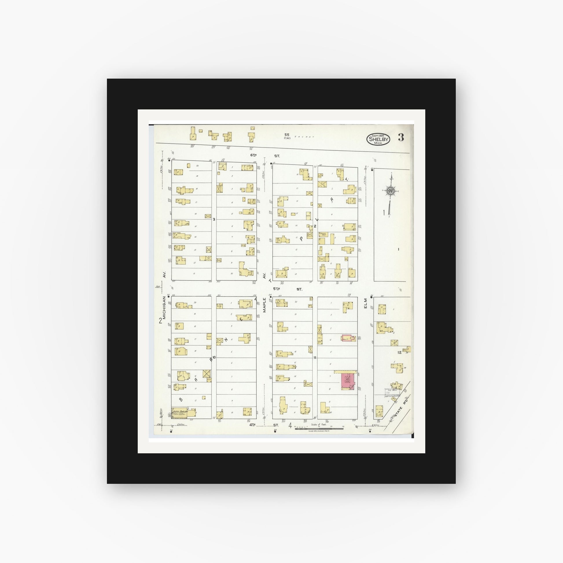 Old map wall art mockup — black gallery frame with white mat — Sanborn Fire Insurance Map from Shelby, Oceana County, Michigan (1920), Sheet #0003