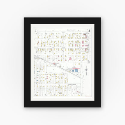 Old map wall art mockup — black gallery frame with white mat — Sanborn Fire Insurance Map from Sullivan, Moultrie County, Illinois (1932), Sheet #0003