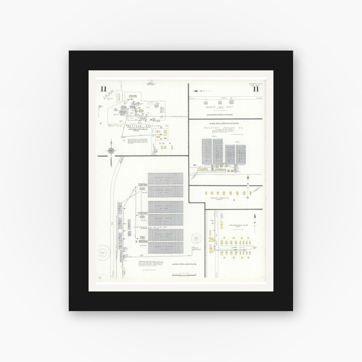 Old map wall art mockup — black gallery frame with white mat — Sanborn Fire Insurance Map from Borger, Hutchinson County, Texas (1933), Sheet #0011