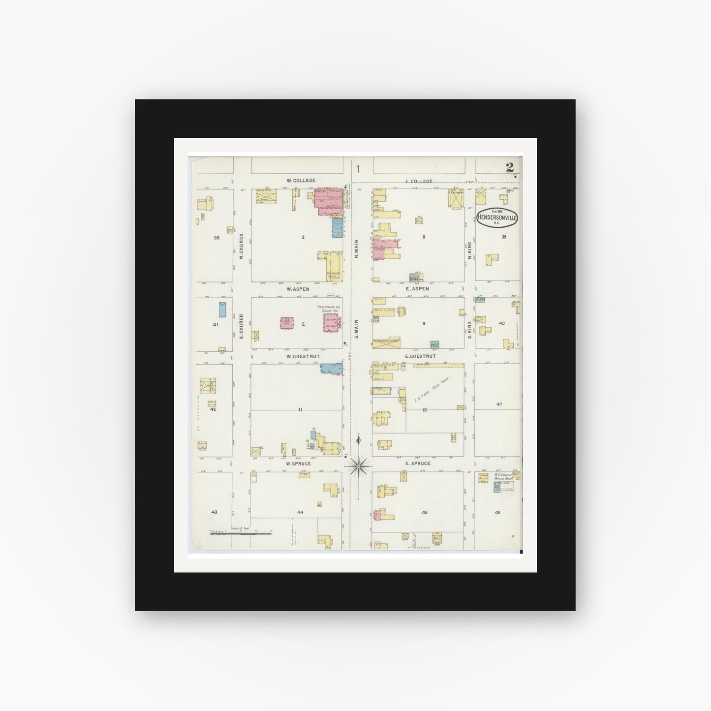 Old map wall art mockup — black gallery frame with white mat — Sanborn Fire Insurance Map from Hendersonville, Henderson County, North Carolina (1896), Sheet #0002