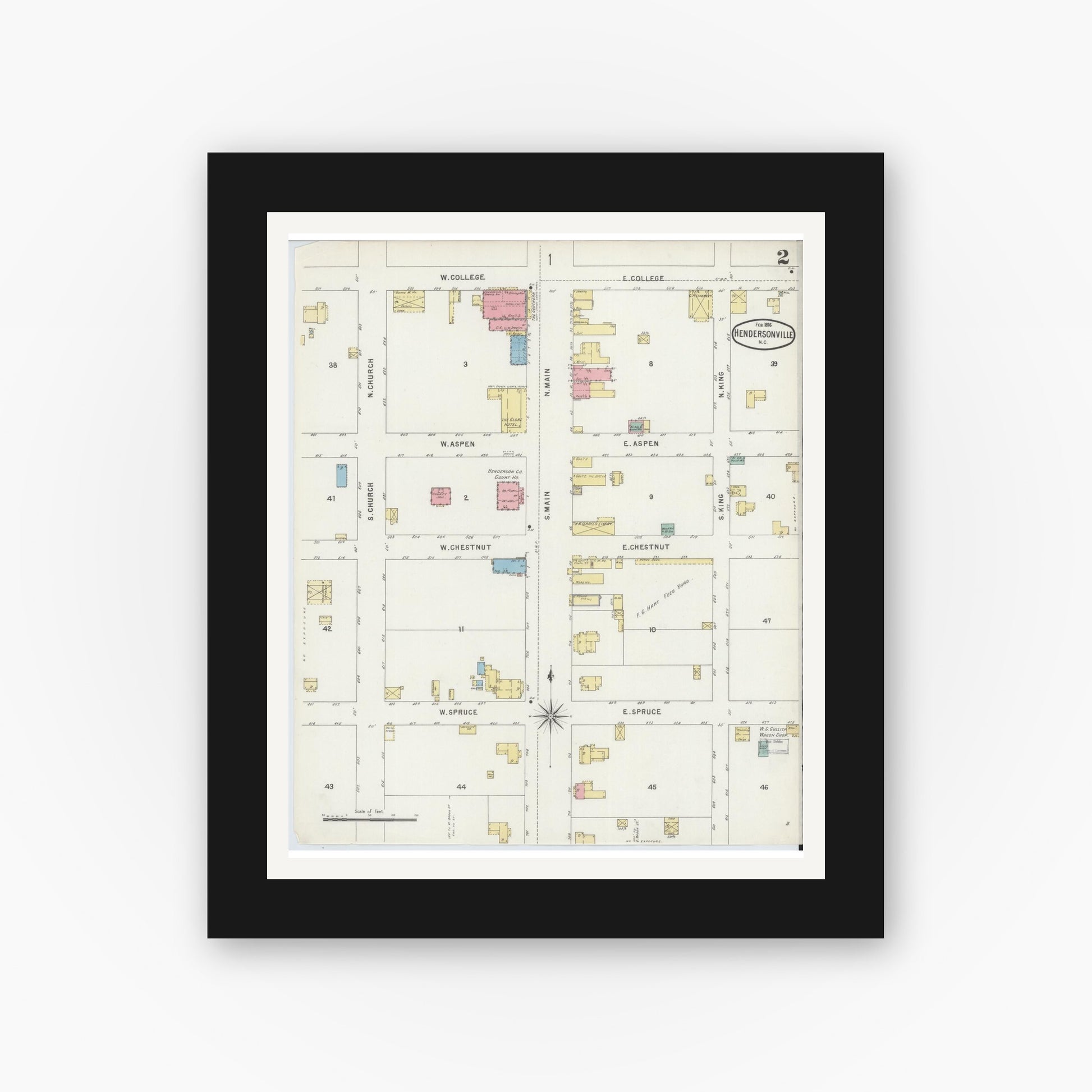 Old map wall art mockup — black gallery frame with white mat — Sanborn Fire Insurance Map from Hendersonville, Henderson County, North Carolina (1896), Sheet #0002