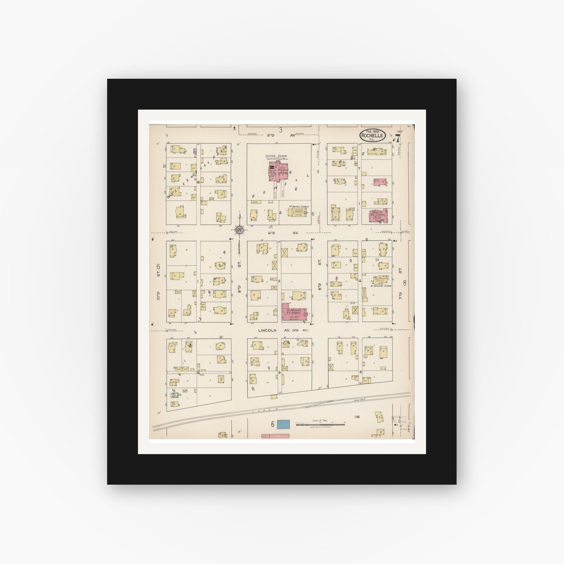 Old map wall art mockup — black gallery frame with white mat — Sanborn Fire Insurance Map from Rochelle, Ogle County, Illinois (1922), Sheet #0007