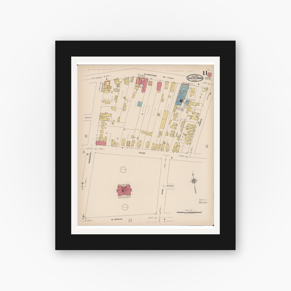 Old map wall art mockup — black gallery frame with white mat — Sanborn Fire Insurance Map from Sault Sainte Marie, Chippewa County, Michigan (1922), Sheet #0011