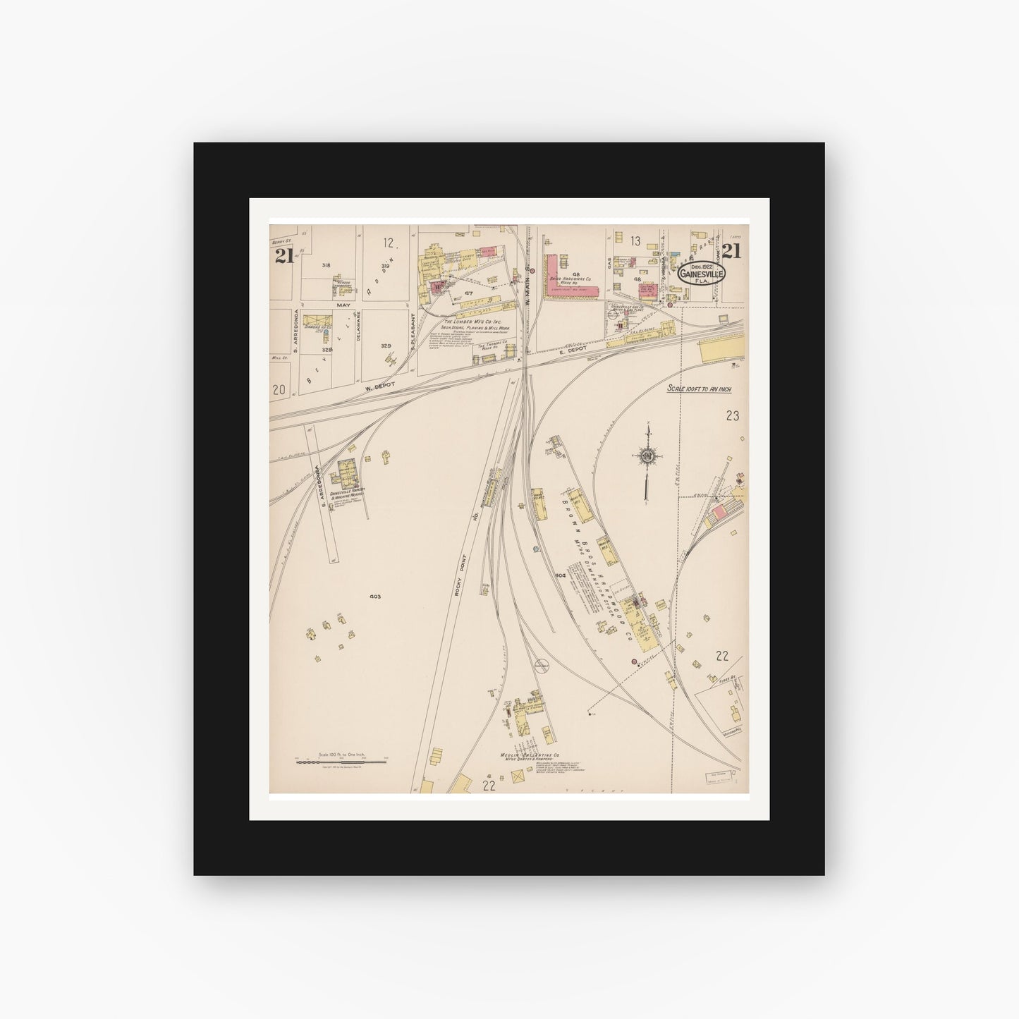 Old map wall art mockup — black gallery frame with white mat — Sanborn Fire Insurance Map from Gainesville, Alachua County, Florida (1922), Sheet #0021