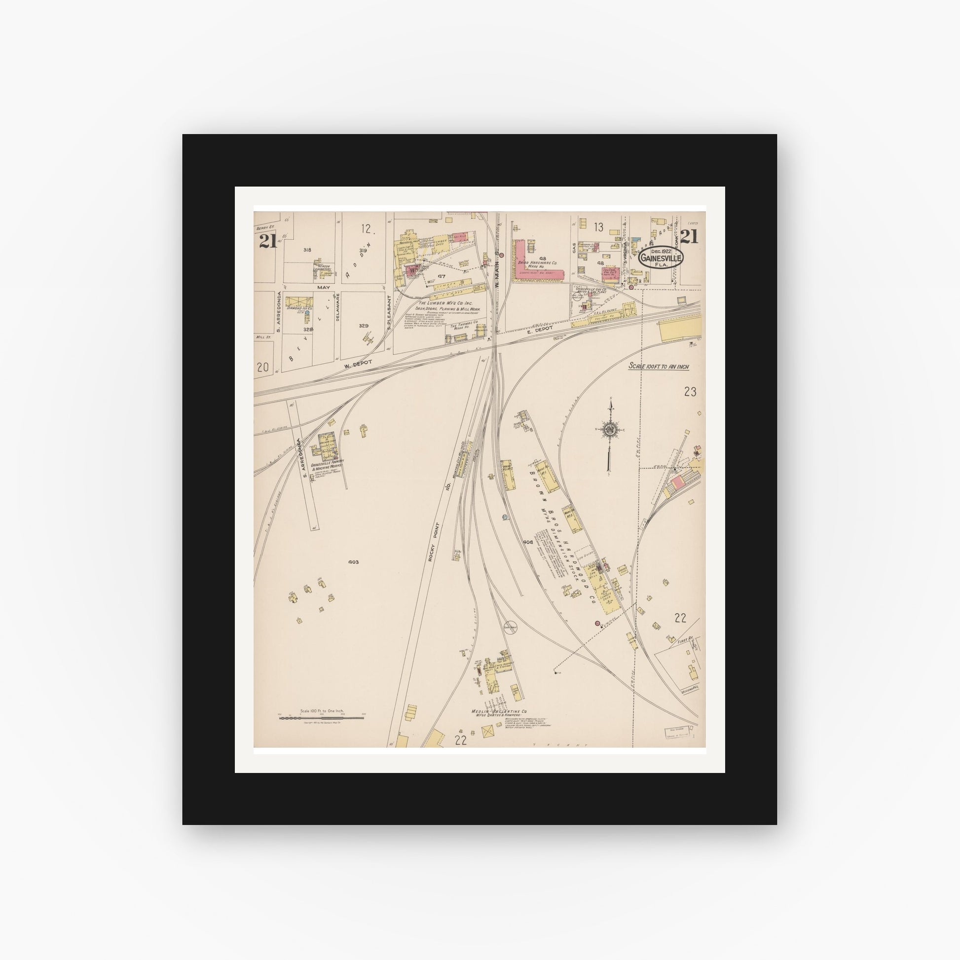 Old map wall art mockup — black gallery frame with white mat — Sanborn Fire Insurance Map from Gainesville, Alachua County, Florida (1922), Sheet #0021