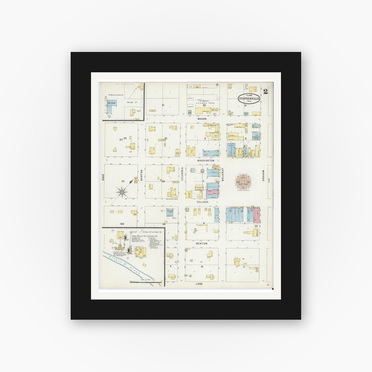 Old map wall art mockup — black gallery frame with white mat — Sanborn Fire Insurance Map from Stephenville, Erath County, Texas (1896), Sheet #0002