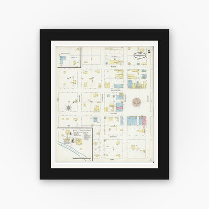 Old map wall art mockup — black gallery frame with white mat — Sanborn Fire Insurance Map from Stephenville, Erath County, Texas (1896), Sheet #0002
