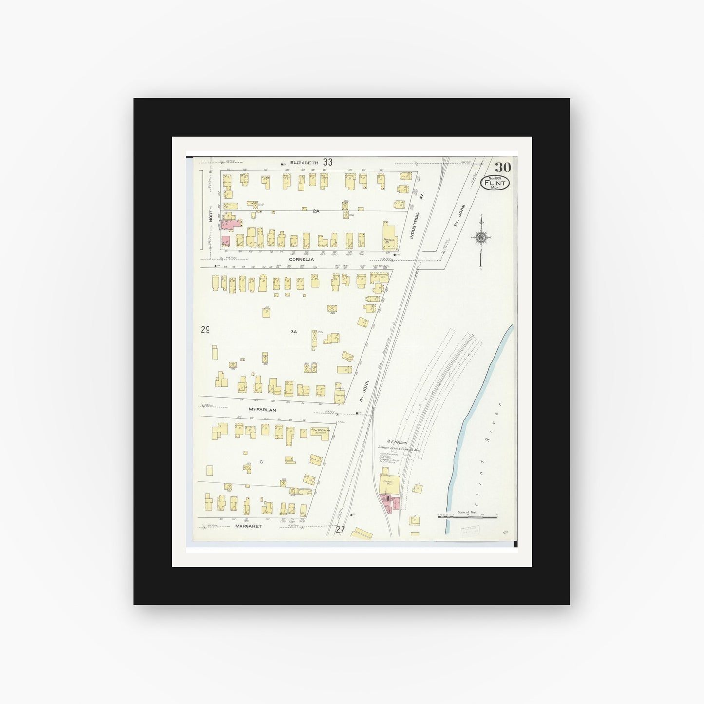 Old map wall art mockup — black gallery frame with white mat — Sanborn Fire Insurance Map from Flint, Genesee County, Michigan (1909), Sheet #0030