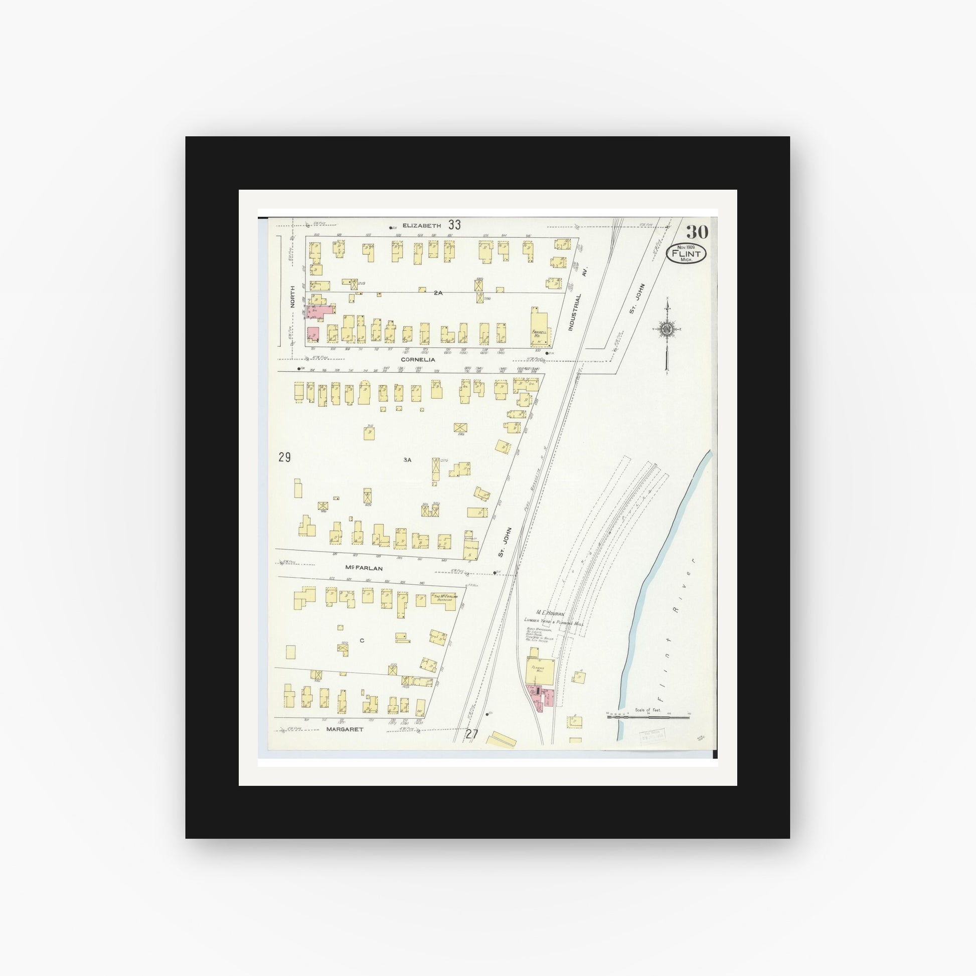Old map wall art mockup — black gallery frame with white mat — Sanborn Fire Insurance Map from Flint, Genesee County, Michigan (1909), Sheet #0030